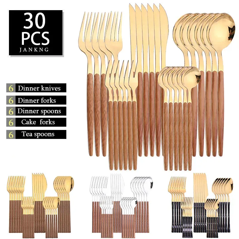 30 Piece Stainless Steel Cutlery Set With Wooden Handles
