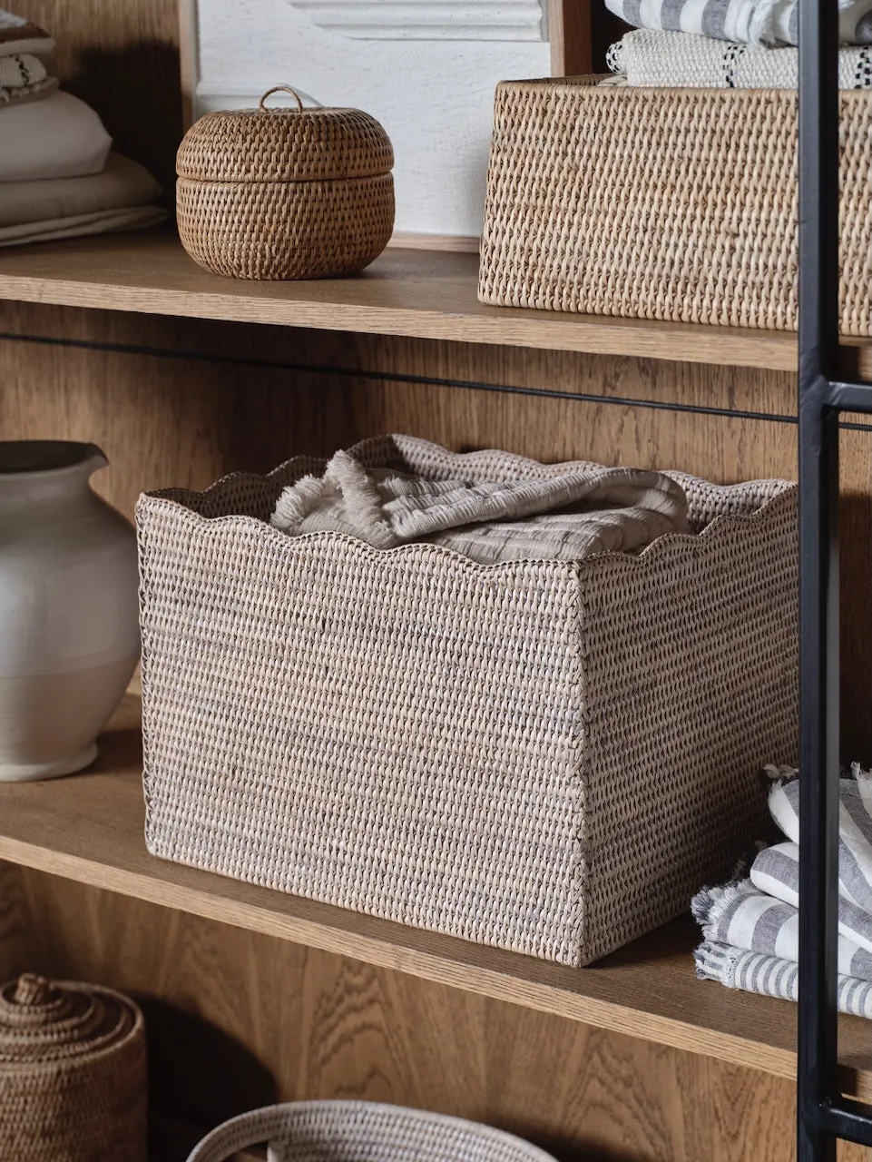 White Rattan Scalloped  Basket
