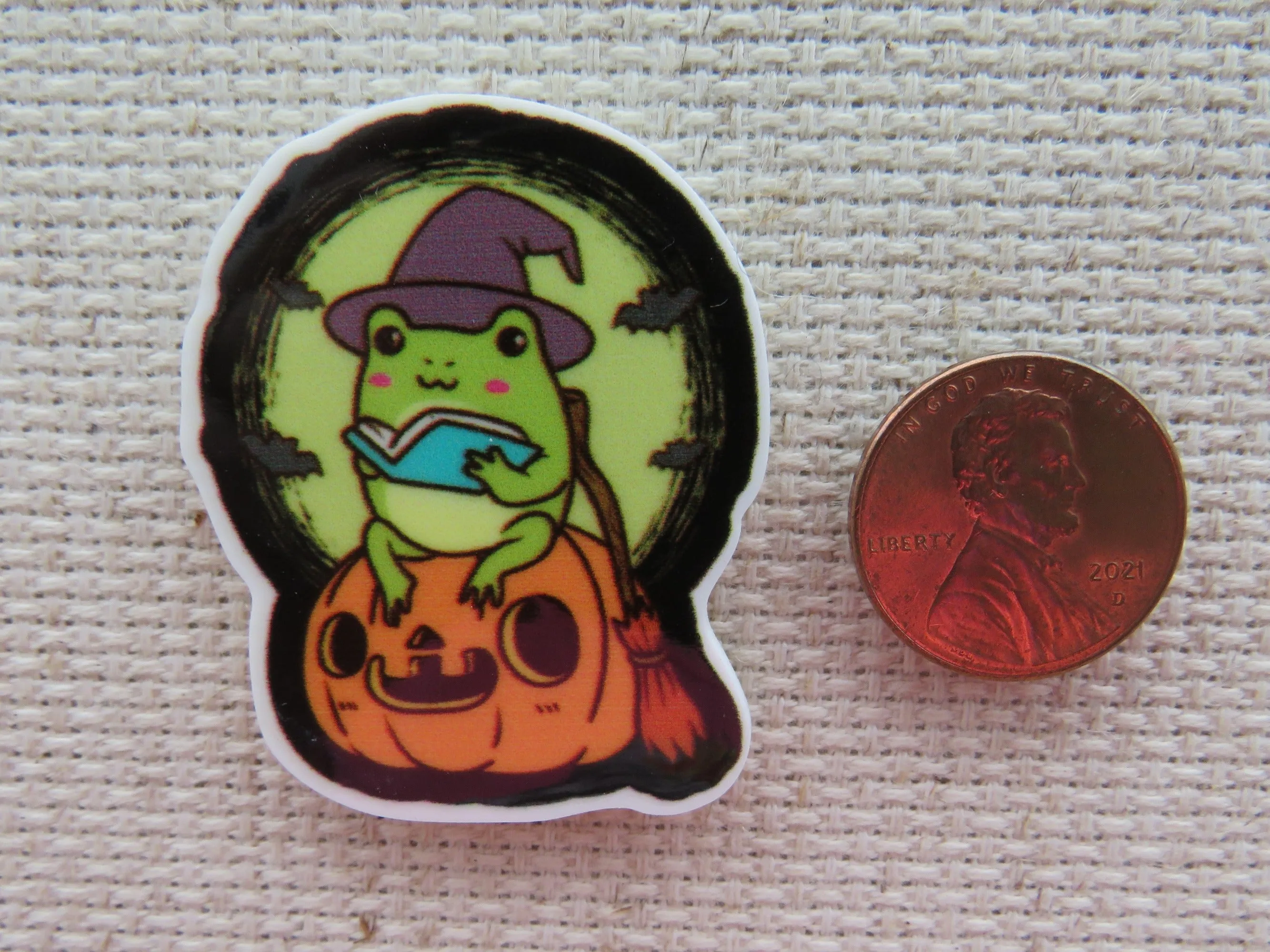 Witch Frog on a Pumpkin Needle Minder, Cover Minder, Magnet